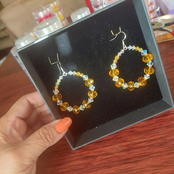 Swarovski Crystal Hoop Earrings Yellow-Orange & White Crystal. Blingy sexy - Picture 10 of 12